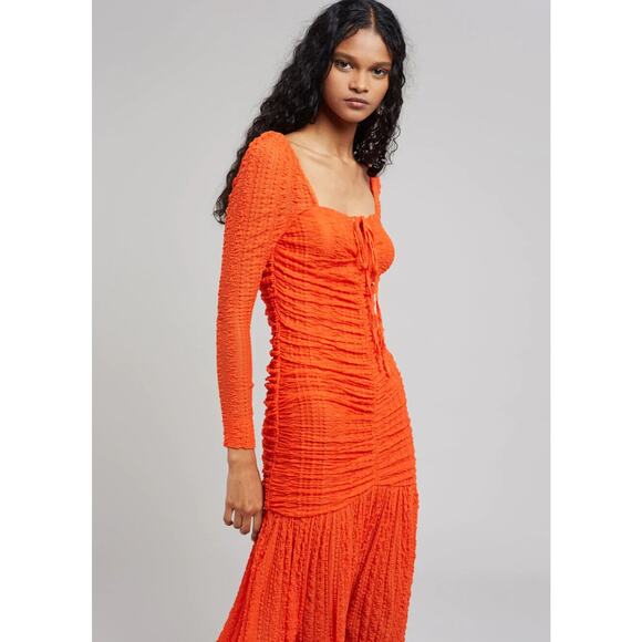 Ganni NWOT Orange Ruched Lace Midi Dress Size 6 - Picture 4 of 12